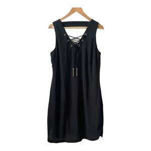 Sleeveless, black, front tie up detail dress. Size 8